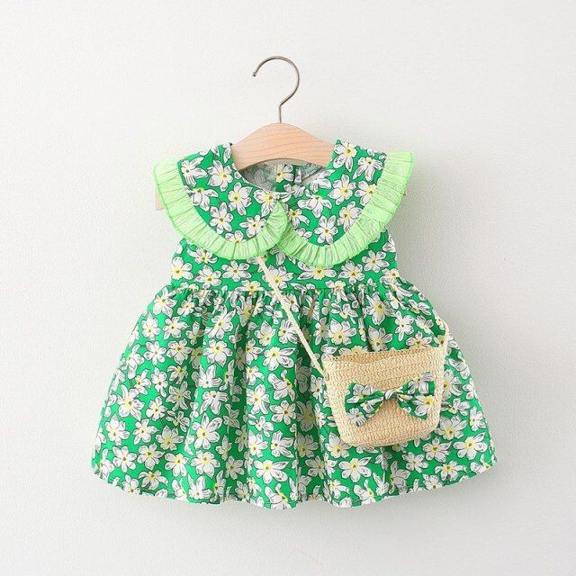 Baby Girl Summer Dress + Bag Set for 3 months to 24 months Sleeveless Party Princess Dress for girl Frock girl Kids Summer Holiday Travel Princess Dress Newborn Kid Baby Girl clothes Party Princess Dress for Gift