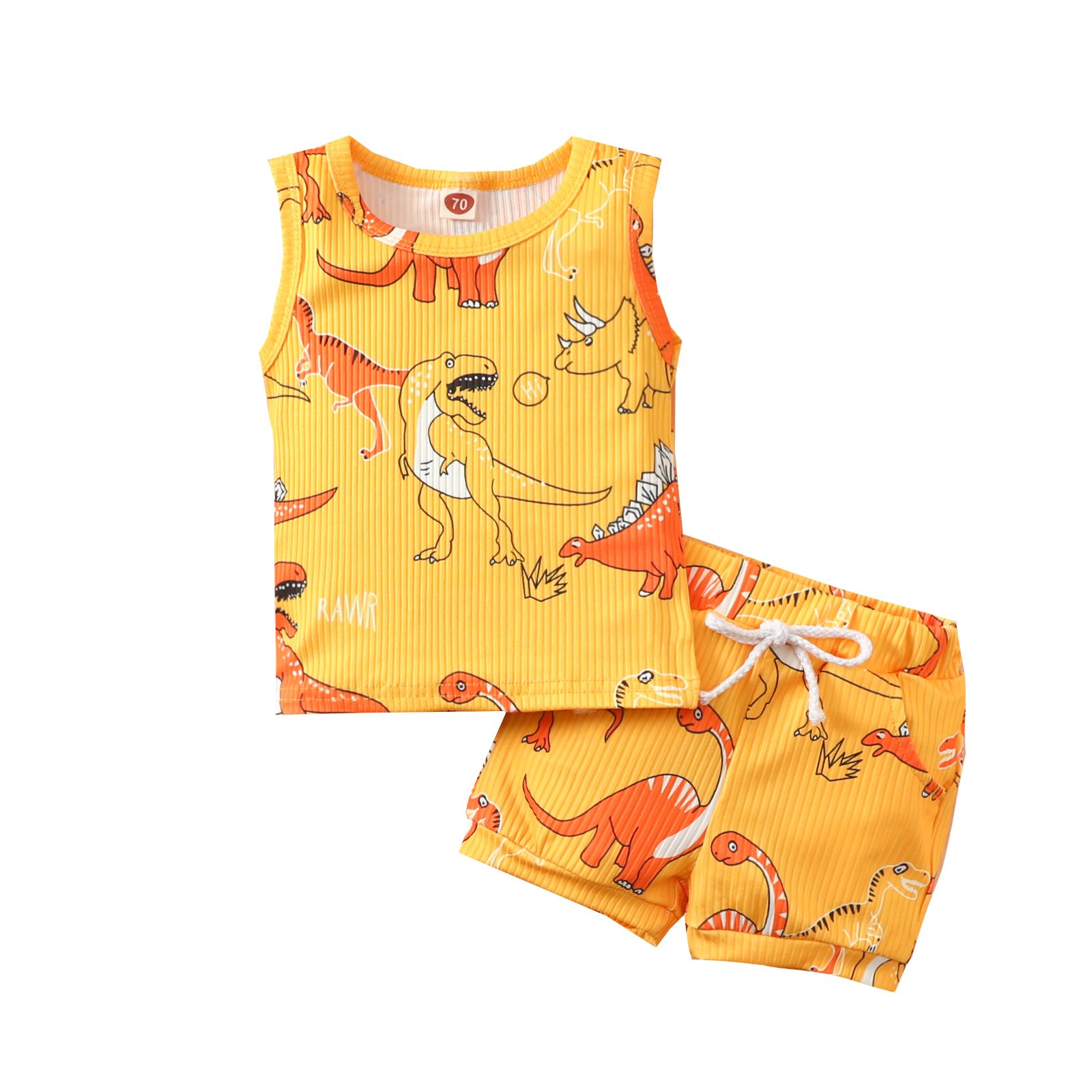 2Pcs Baby Boy Summer Outfits, Cartoon Dinosaur Print Sleeveless Tank Tops + Shorts Set