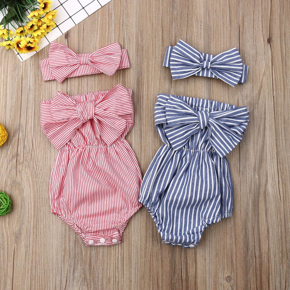 2020 Newborn Kids Baby Girls Off Shoulder Striped Bodysuit With Big Bow Summer Babygrow Jumpsuit Outfits Wholesale