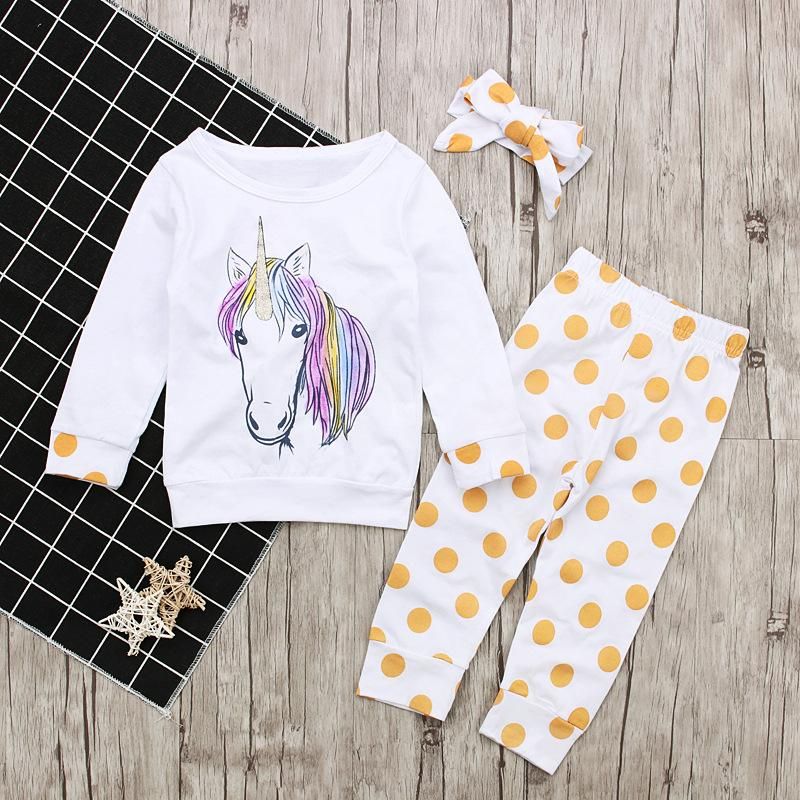 Daughter Dongchun Autumn Long Sleeve Unicorn Top + Dot Trousers + Head Strap Three Sets Of Children'S Clothing Instagram Baby Girl Clothes Kids Fortnite Toddler Skirt Shorts