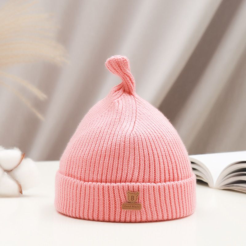 Solid Color Bear Drop Shape Baby Hat Autumn Winter Warm Kid Knitted Beanies Soft Thicken Crochet Bonnet