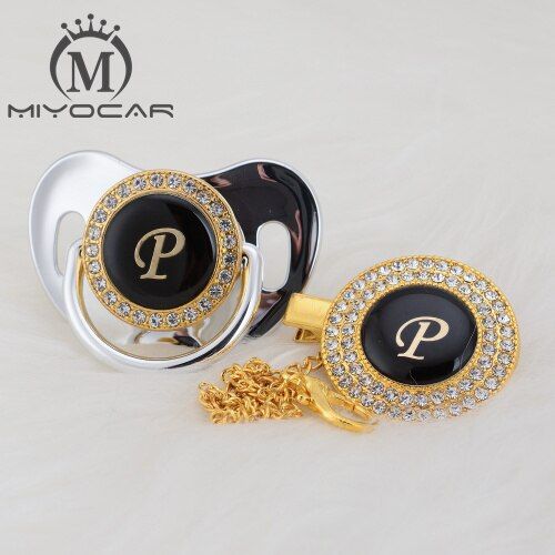 MIYOCAR name Initial letter P elegant silver bling pacifier and pacifier clip BPA free dummy bling unique design LP