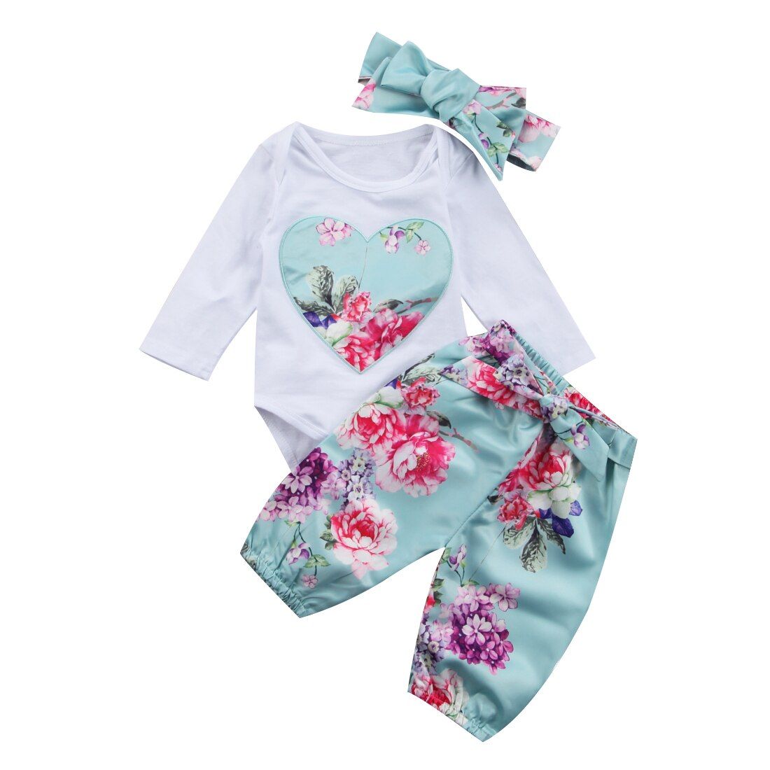 Newborn Kid Baby Girl clothes set Floral long sleeve  Jumpsuit 3pcs print Pants +headwear Outfit Set clothes