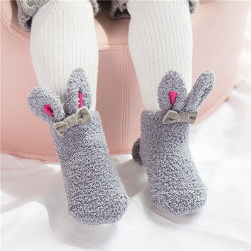Coral Fleece Baby Girls Socks Newborn Soft Cute Rabbit Baby Socks Winter Style Size S(3M,6M,9M)andM(12M,18M,24M)