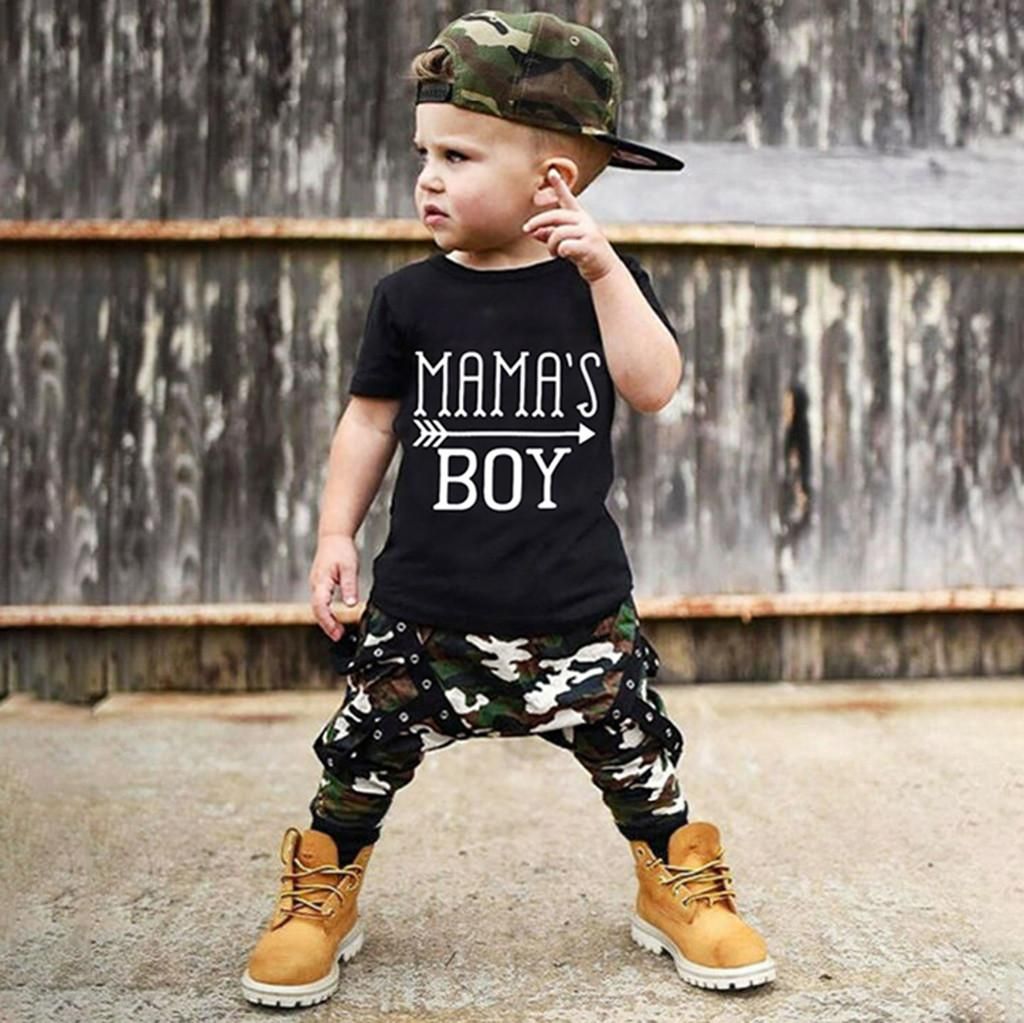 ✫Good Quality✫ Toddler Baby Boy Short Sleeve Letter Print T-Shirt Tops+Camouflage Pants Outfits