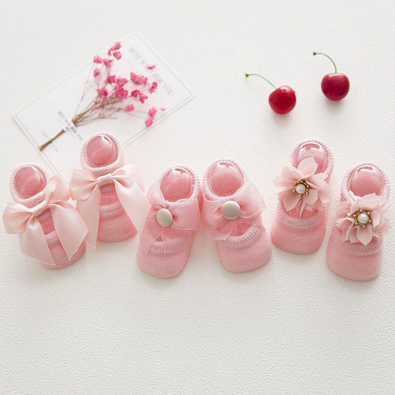 3 Pairs/Lot Lace Flower Newborn Baby Socks Cotton Anti-Slip Kids Floor Socks Bow Baby Girl Socks Spring Summer Girls Gift