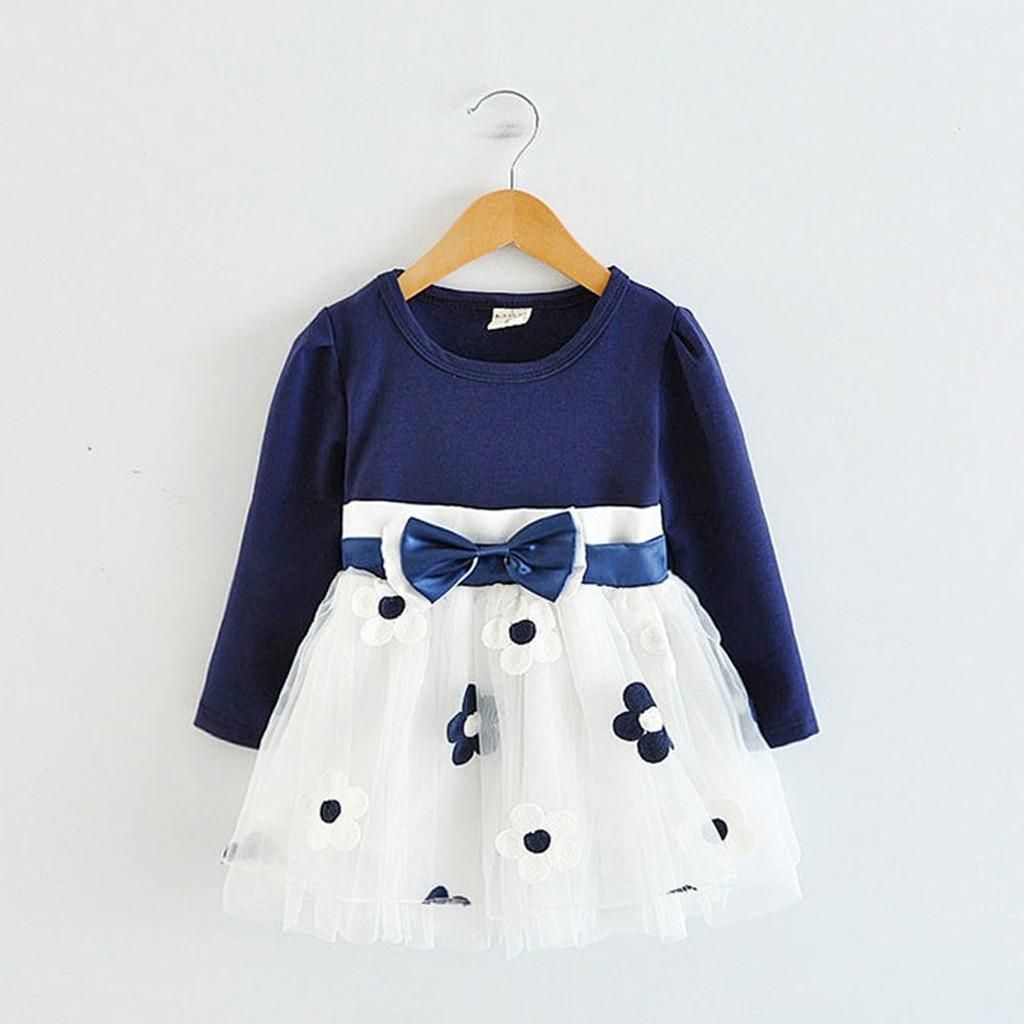 Toddler Kids Baby Girls Long Sleeve Tulle Patchwork Flower Bow Dresses Clothes