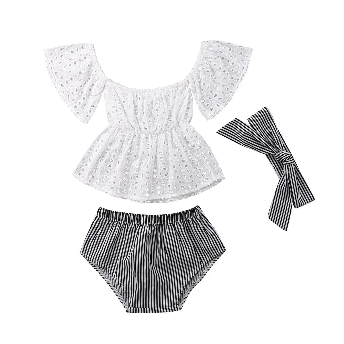 New 3pcs Toddler Baby Girl Clothes Set Lace Hollow Out Short Sleeve Top +Stripe Shorts +headband Outfits Set Clothes