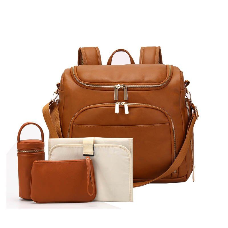 PU Leather Backpack 5-Piece Baby Diaper Bag Solid Color  Mommy Maternity Bag Large Capacity Travel Stroller Bag with Diaper Pad