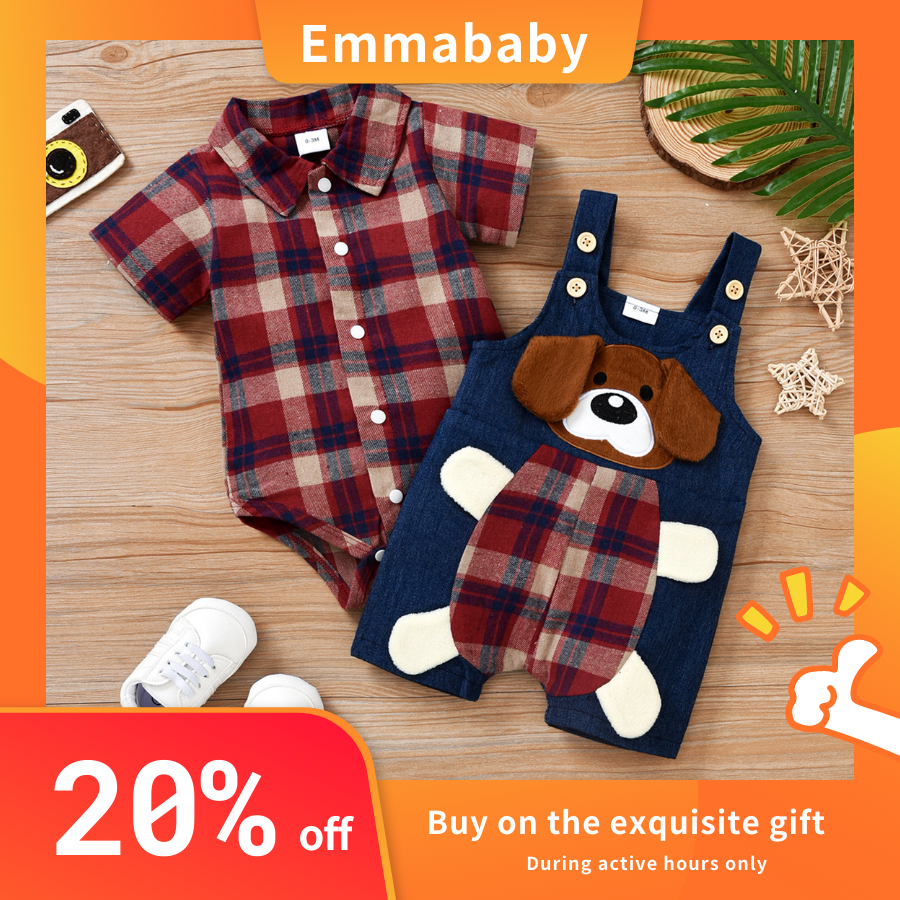 Newborn Baby Clothing Two Piece Set, Infant Boy Plaid Printed Crotch Snap Romper, Matching Puppy Pattern Overall