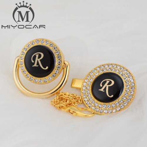 MIYOCAR beautiful bling pacifier and pacifier clip set name Initials letter R unique BPA free dummy bling unique design LR