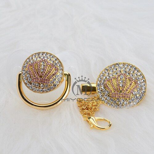 MIYOCAR Gold beautiful GOLD bling pink crown pacifier and pacifier clip set BPA free dummy bling unique design APCB-8