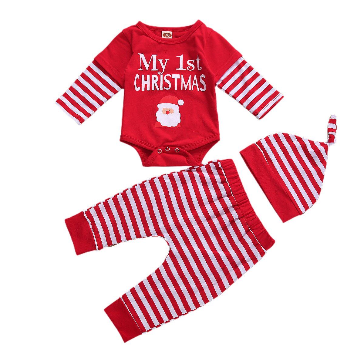 3 Pcs Newborn Stripe / Plaid Outfits Infant Baby Girl Boy Patchwork Sleeve Letter Romper Elastic Waist Trousers and Beanie Set
