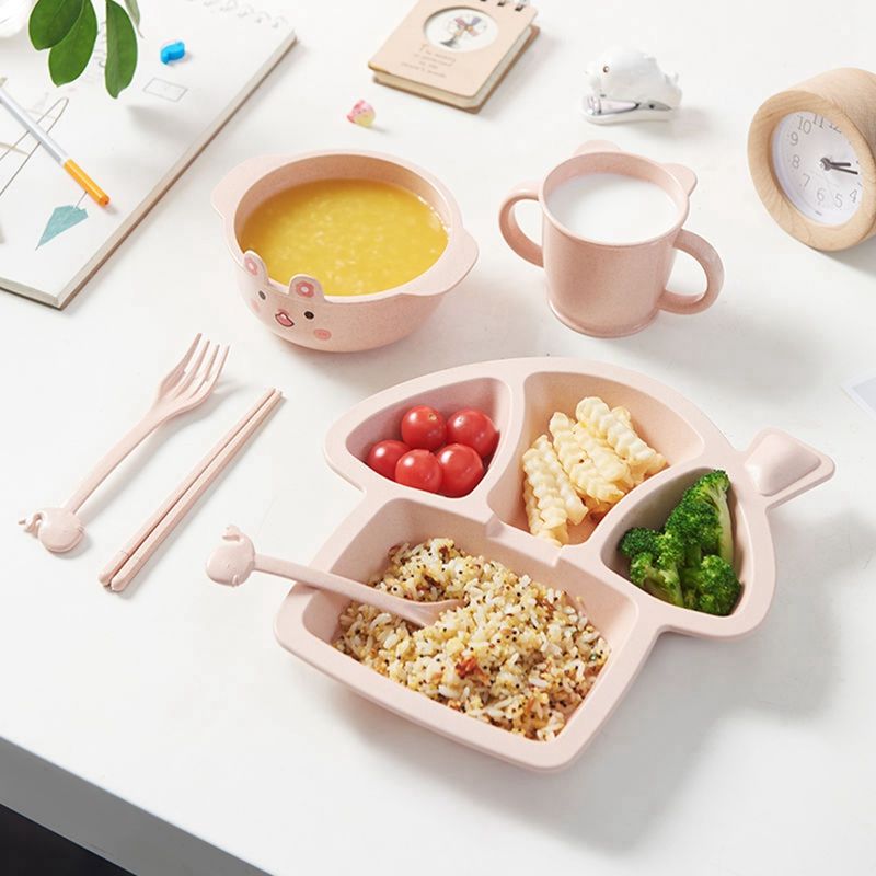 【BestGO】6-piece Set Of Children Cartoon Anti-fall Grid Plate Food Supplement Bright Color Cartoon Style