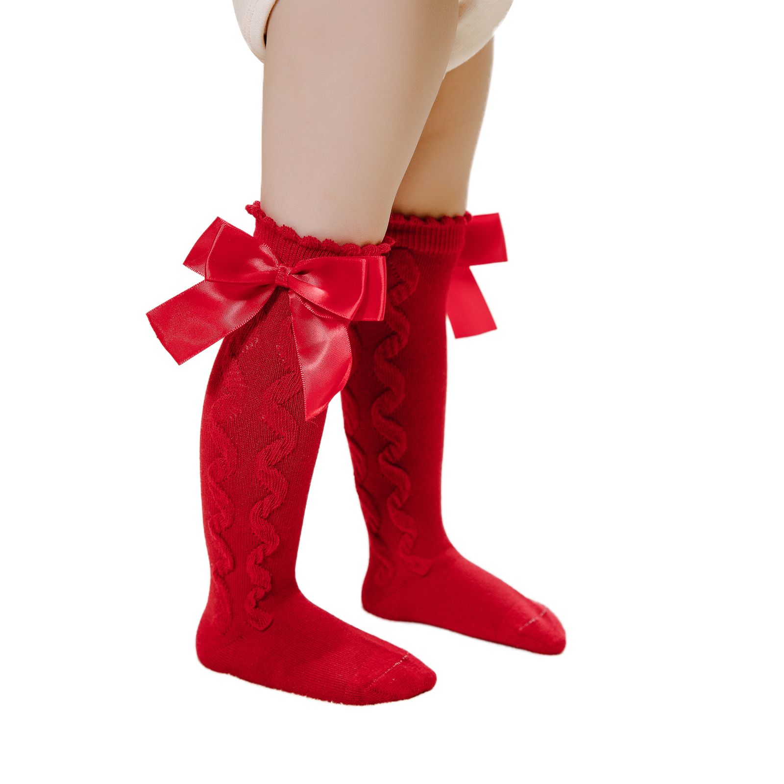 Baby Girls Knee High Socks, Soft Cable Knit Cotton Socks with Bow for Infants Toddlers