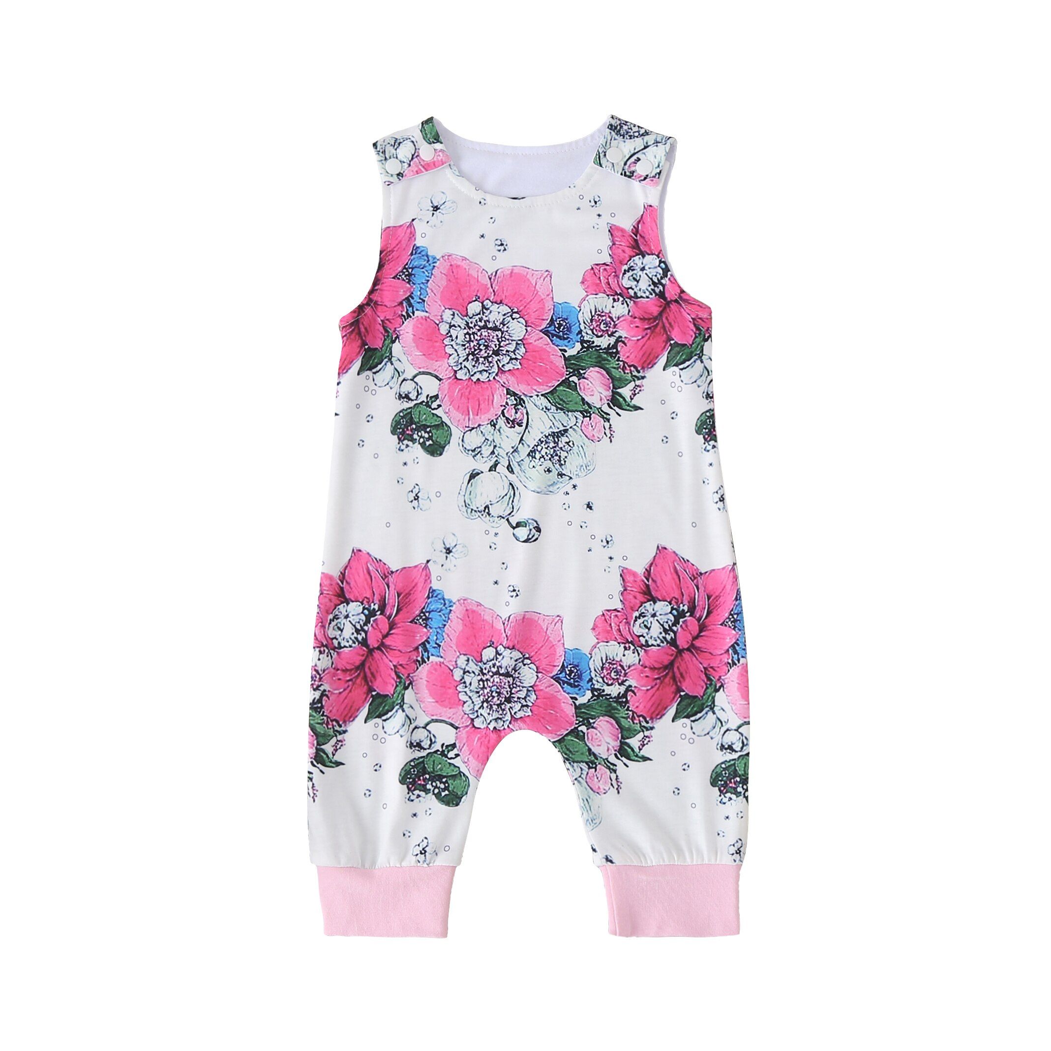 Baby Romper Floral Print Round Neck Sleeveless Jumpsuit Playsuits for Kids Girls Boys White