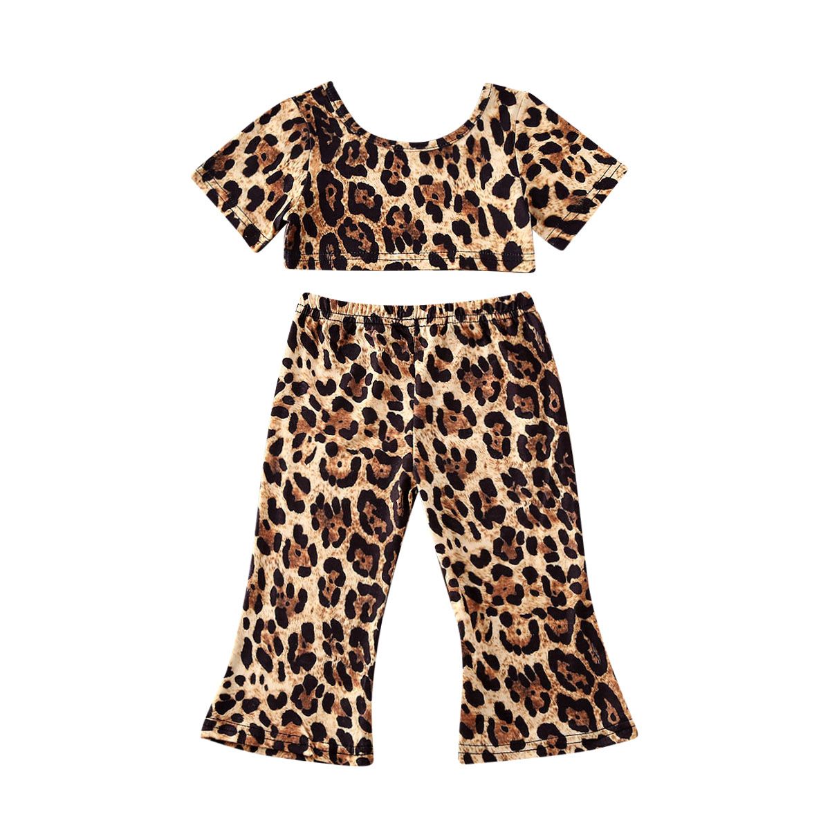 2021 Cute Toddler Infant Clothing Children Girl Clothes Short Sleeve Crop Top Flared Pants Leopard Outfit Baby Set
