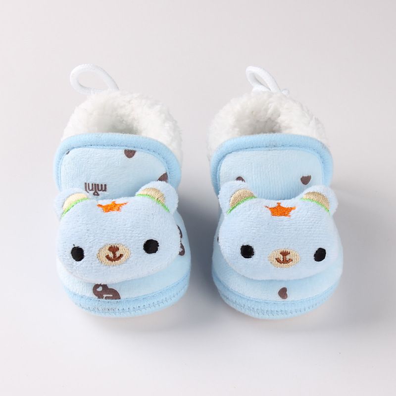 Cartoon Bear Baby Shoes Winter Velvet Warm Soft Infant Toddler Flats Newborn Walks Lacing Shoes Flats