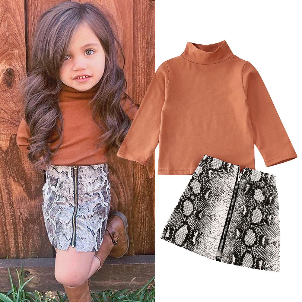 Autumn Toddler Kid Baby Girl Clothes Set 2pcs Turtleneck Solid Long Sleeve Top+Snake Print A-Line Skirt Outfit