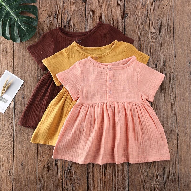 Kids Summer Pure color Baby Girls 6M-3T Cotton Linen Dress Fashion Plain Short sleeve Mini Sundress Party A-line Vestido Clothes