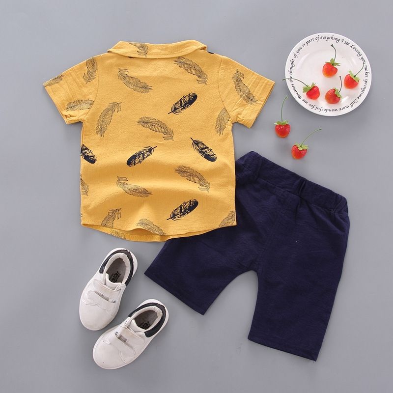 Summer  0-5 Years Old Baby Clothing Set Personalized Feather Print Short Sleeve Shirt + 2 Piece Set of Comfortable High Quality Cotton Shorts