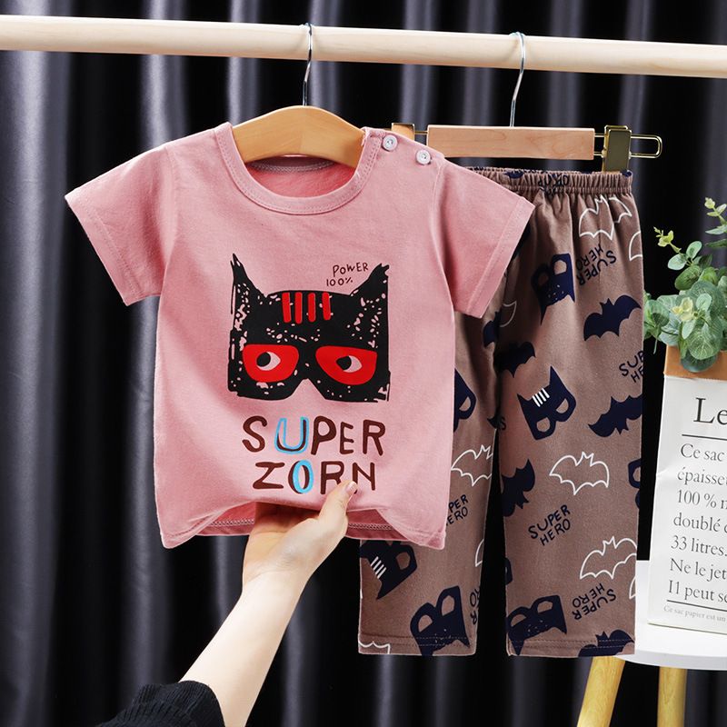 2 Pcs/set Cotton ldren  Mosquito  Pants  Set Short-sleeve T-shirt rousers Air-conditioning Clothes