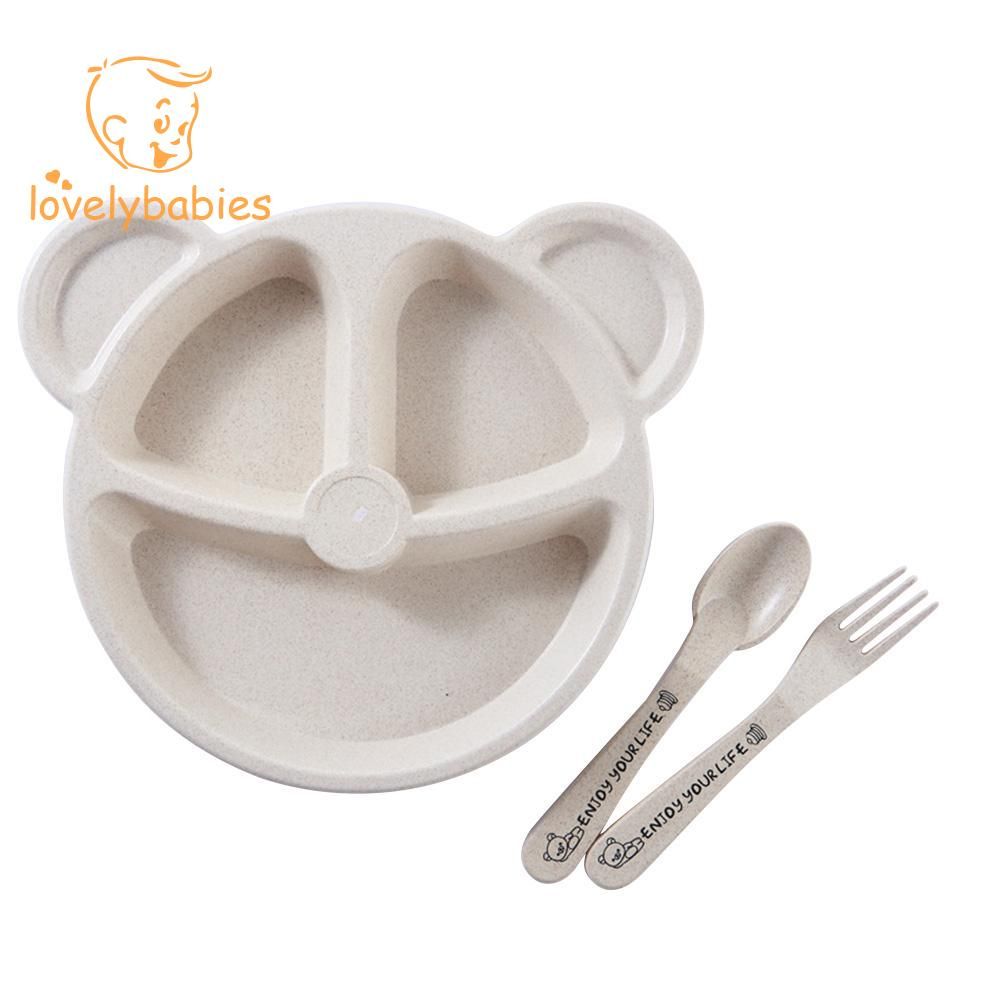 【BestGO】3pcs Cartoon Bear Wheat Straw Baby Kindergarten Cutlery Fork Feeding Food Tableware Plate