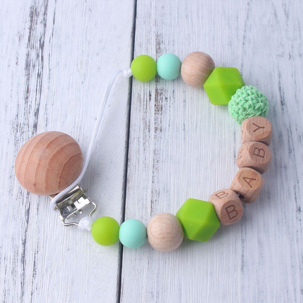 7 colors kids' Pacifier clip baby silicone teether beads fixed clip with letter teether pacifier toy baby birthday gift