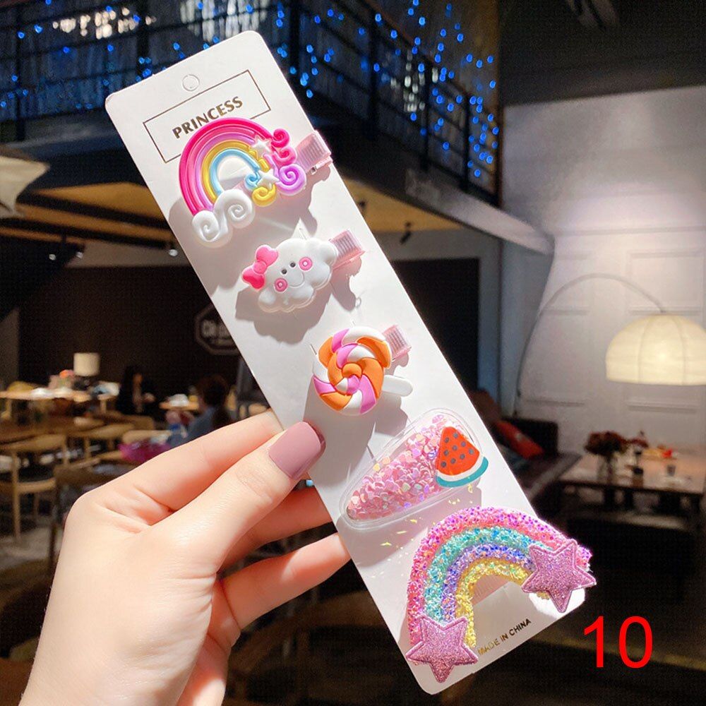 1Set Children Cute Cartoon Hairpins Girls Cloud Rainbow Flower Fruit Rubber Bands Hair Clips Children Headwear Accessories