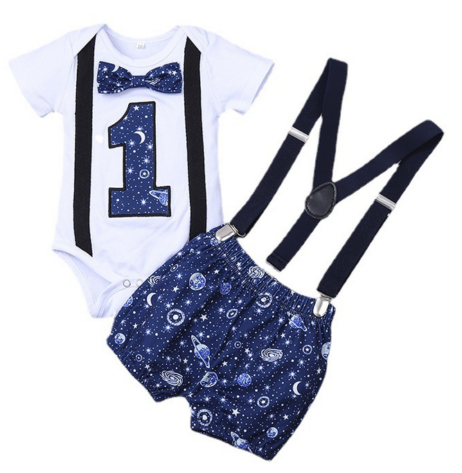 Newborn's Two Piece Set, Baby's Round Neck Bow Tie Romper Shoulder Strap Shorts