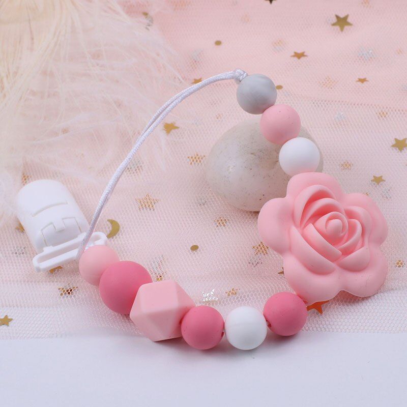 Chip Dale Baby Pacifier Clips Chain Silicone Rose Flower Pendant Newborn Baby Teething Nursing Dummy Clip Chain Baby Shower Gift