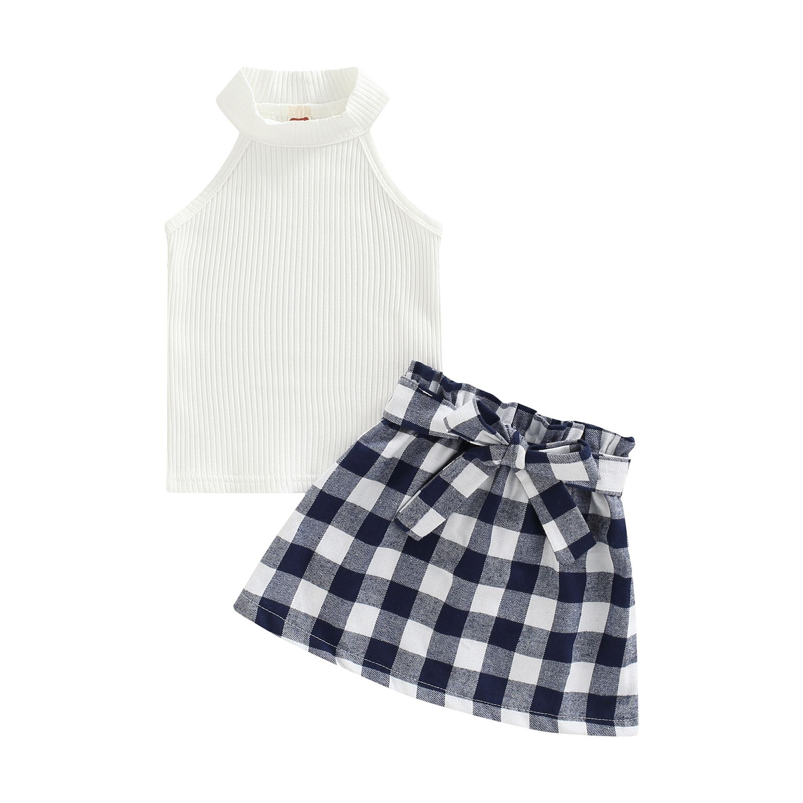 Baby Girls Short Skirt Suit Summer Solid Color Sleeveless Tops Plaid Short Skirt Clothes Set