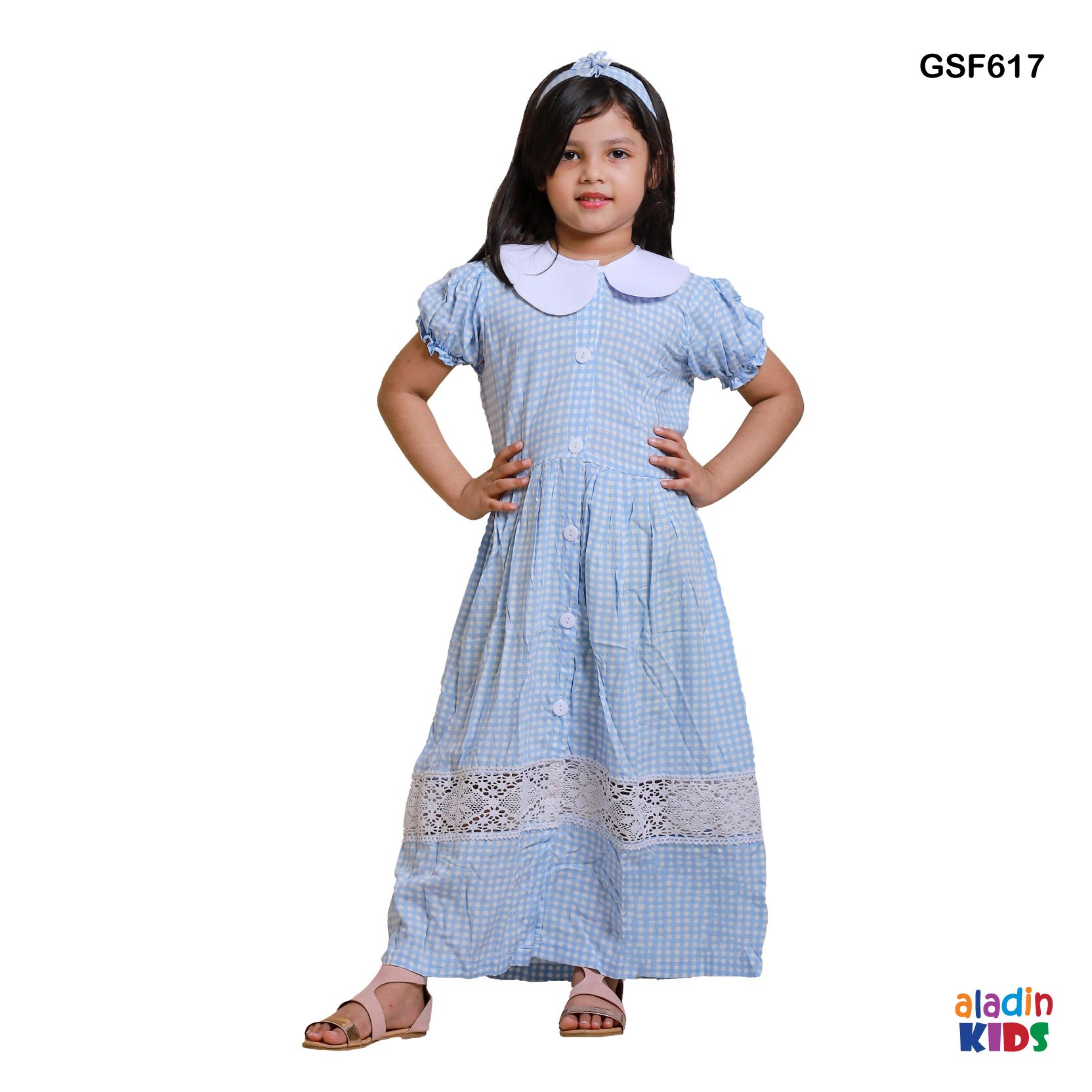 Girls Summer Frock Full Length  Baby Collar Sky Check  (GSF 617)