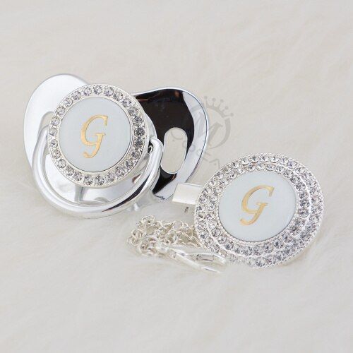 BLING silver bling pacifier and pacifier clip set name Initials letter G unique BPA free dummy bling baby shower gift LG-1
