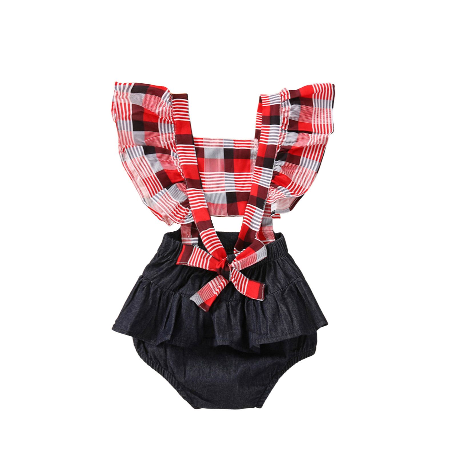 Newborn Plaid Patchwork Playsuit, Toddler Color Block Fly Sleeve Square Collar Romper