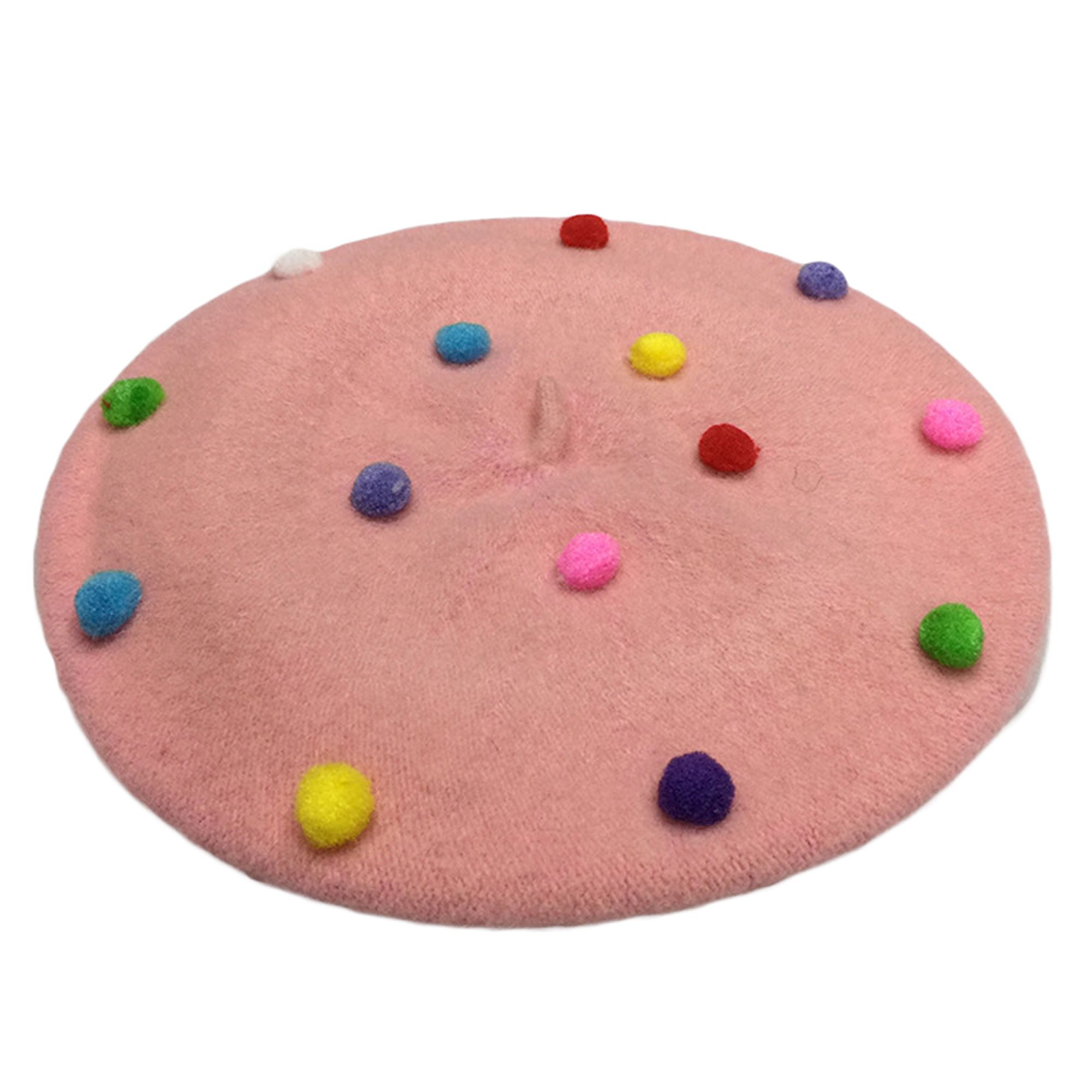 2020 Little Girl's Dome Beret Hat, Classic French Style Wool Artist Beanie Cap with Colorful Pompom Balls