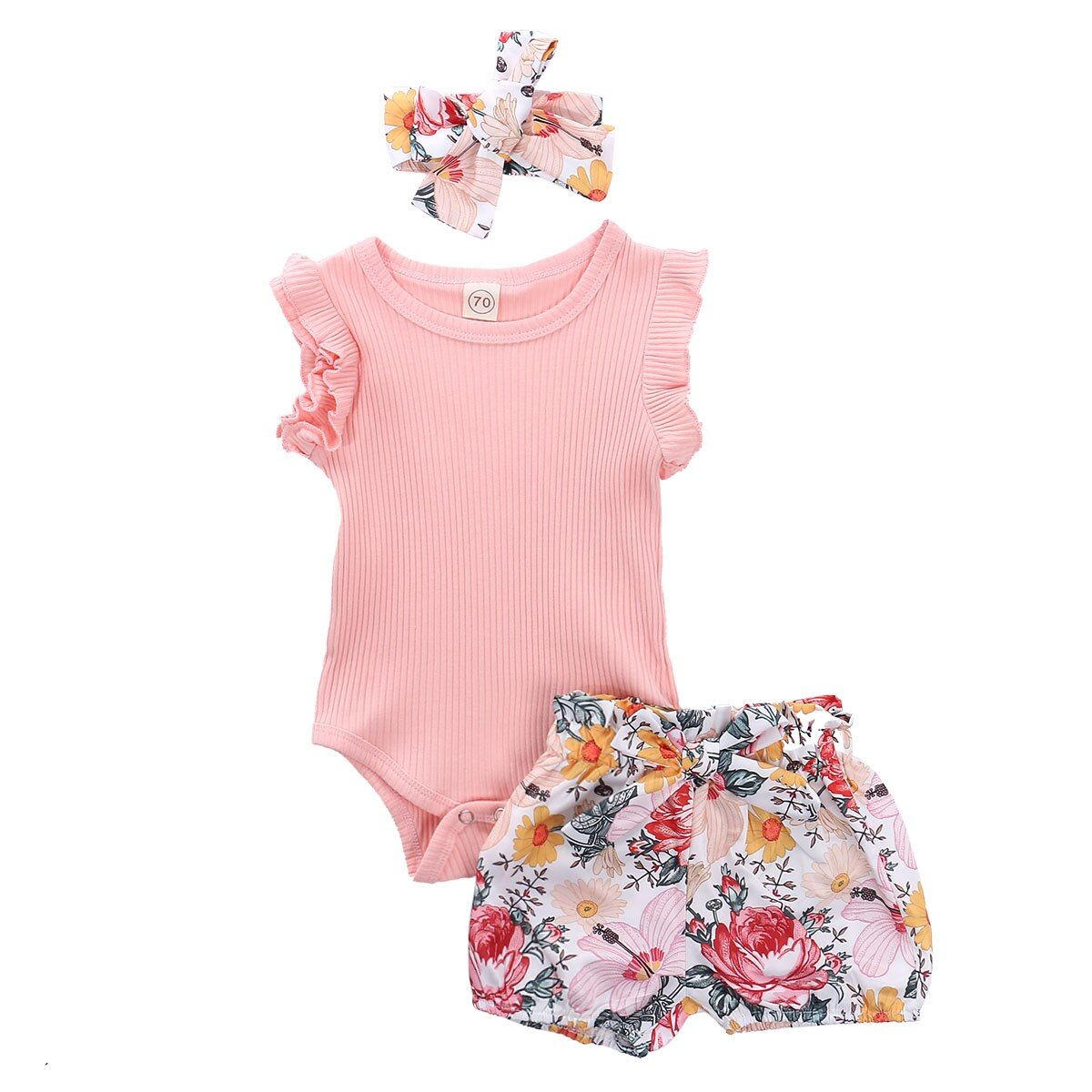 3Pcs Fashionable Baby Girls Outfit Summer Sweet Sleeveless Solid Color Romper + Floral Printing Shorts + Bow Headwear Set