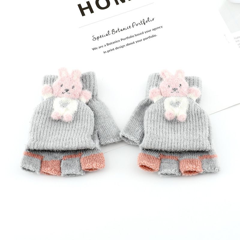 Winter Children Gloves Cartoon Rabbit Knitted Half Fingers Mittens Warm Soft Fingerless Gloves