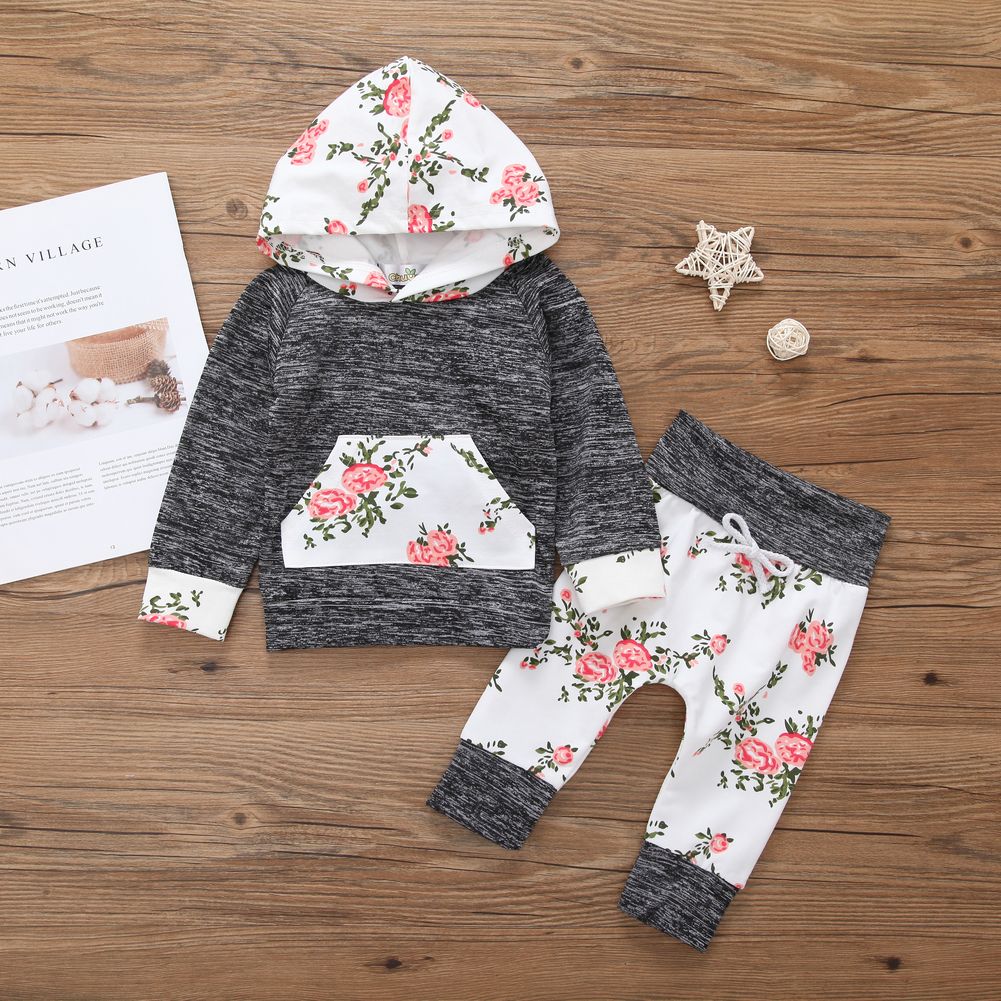 Baby Flower Printing Two-pieces Set Girl's Long Sleeve Hoodie Tops + Elastic Pants Set