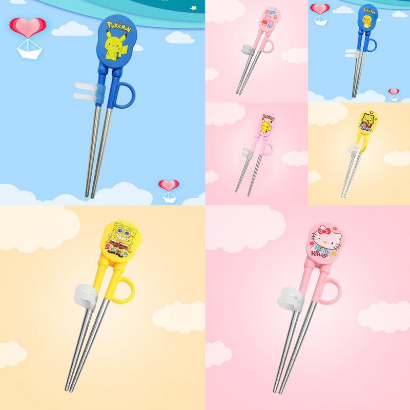 1 Pair Kids Training Chopsticks Stainless Steel Cute Cartoon Training Helper Chopsticks Easy To Use