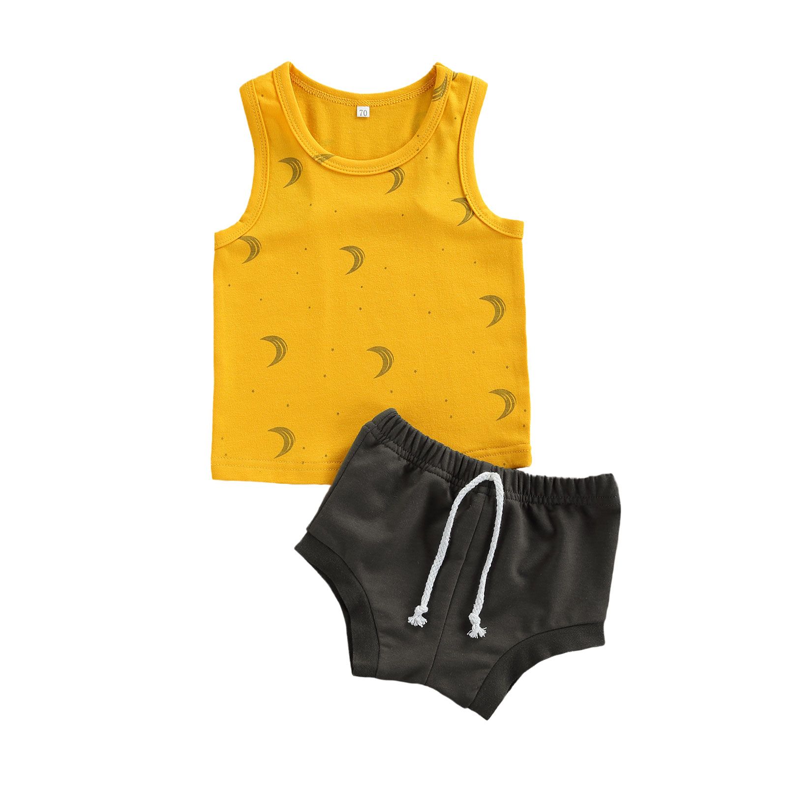 2Pcs Fashionable Little Boys  Toddlers Moon Star Printing Round Collar Sleeveless Vest + Solid Color Shorts Set