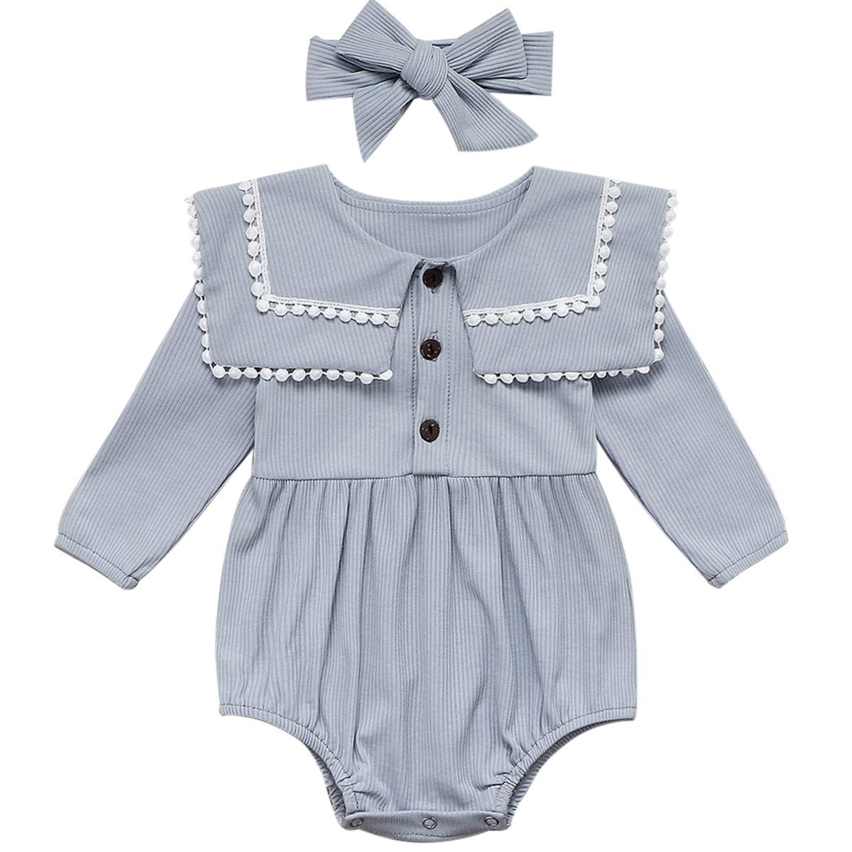 2020 Infant Kids Baby Girl Clothes Long Sleeve Cotton Solid Tassel Lace Romper Overall +Headband 2pcs Outfits Set