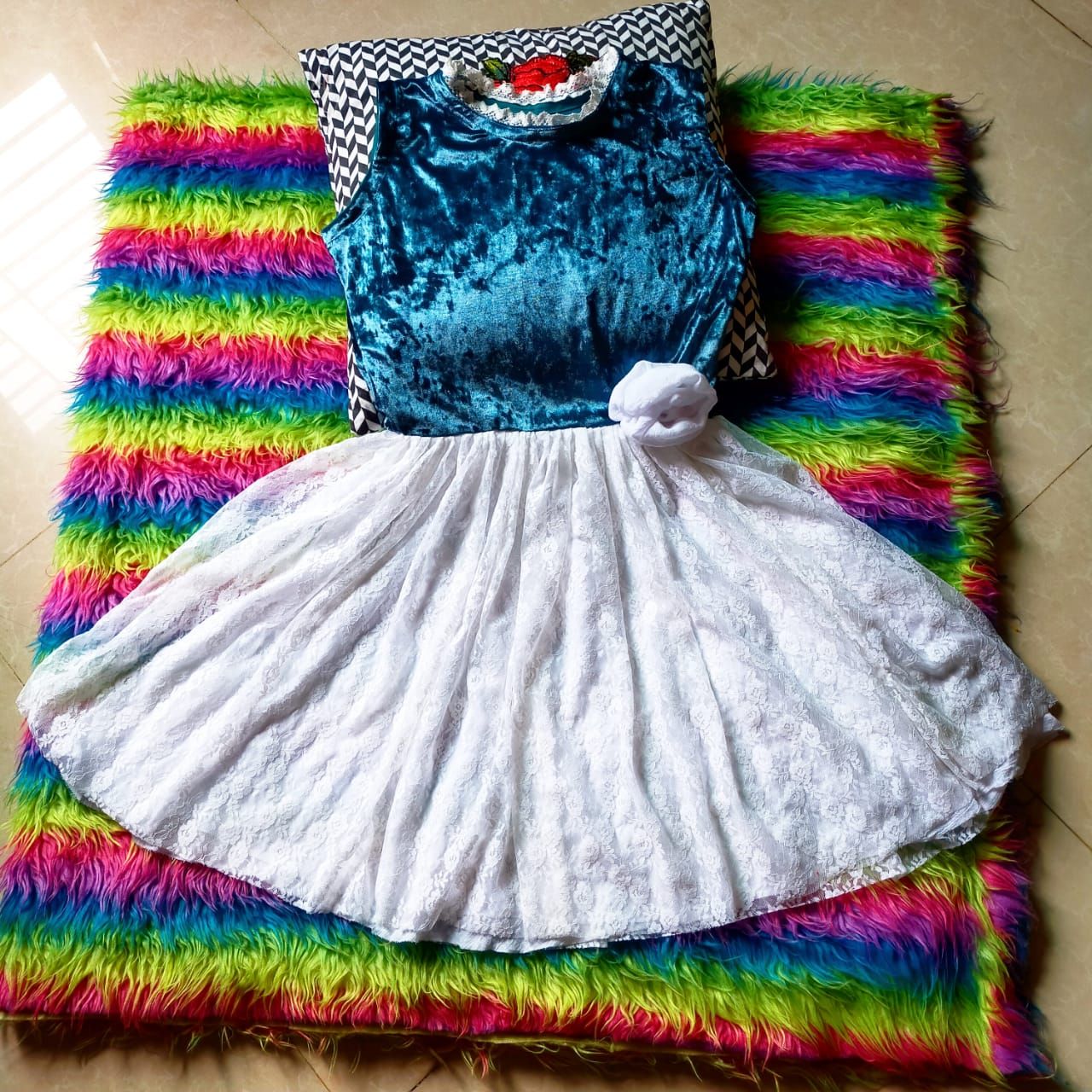 Stitched Multicolor Velvet White Soft Net Party Frock For Girls