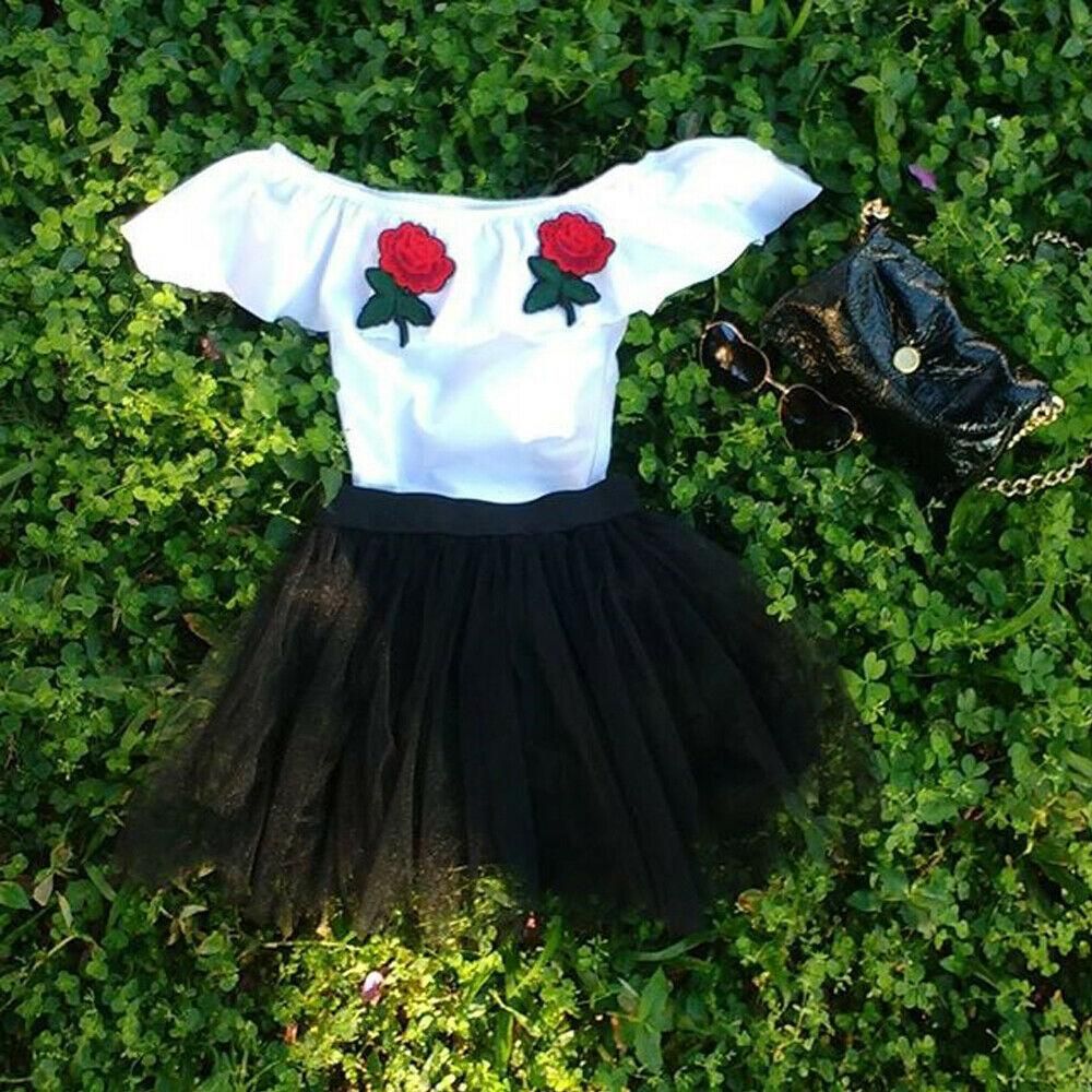 3-7Y Baby Girl Clothes Off Shoulder Tops Shirt+Tulle Skirt Outfits