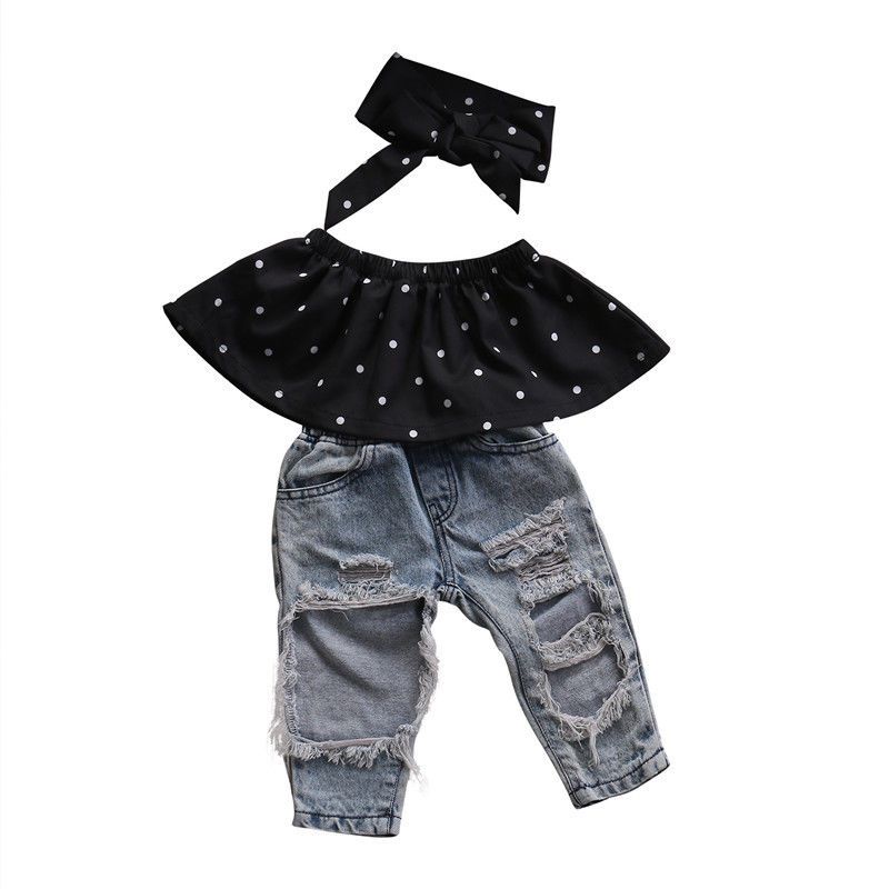 Newborn Infant Baby Girl Clothes Dot Sleeveless Top Vest Hole Jeans Pants Outfits Casual Fashion Summer 3pcs Clothing Set