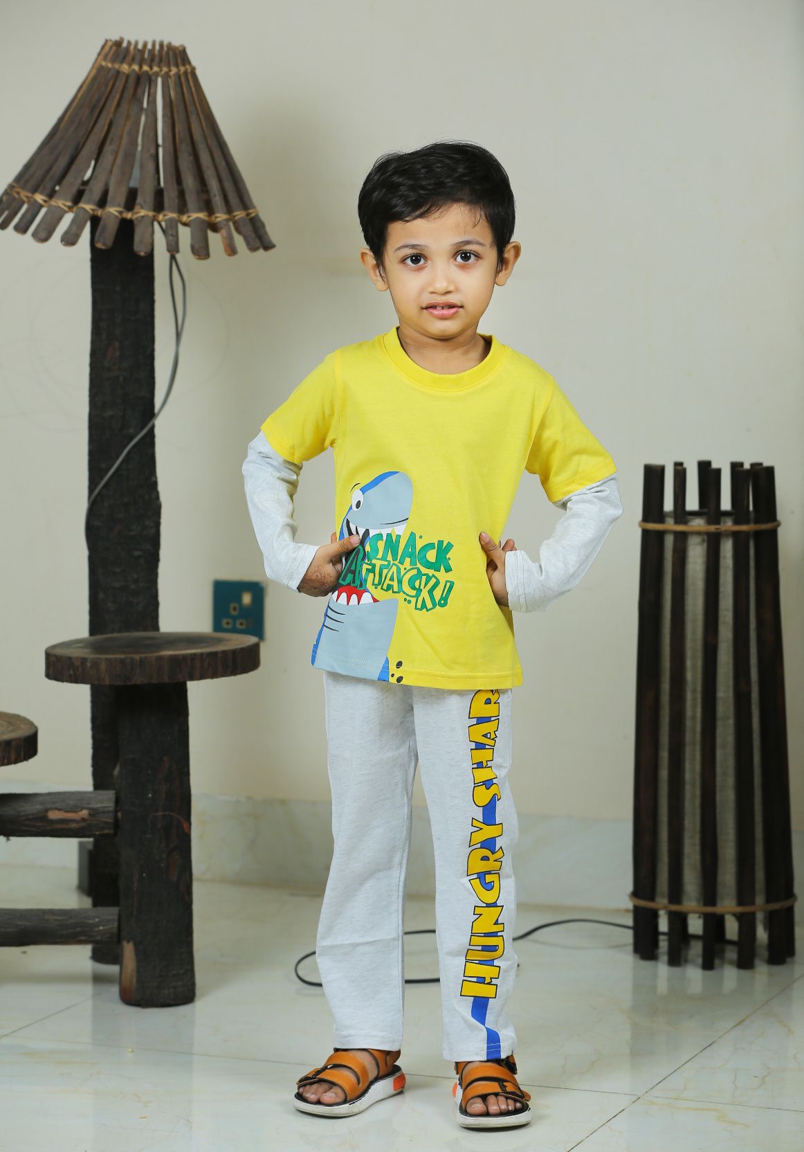 Boys Full Sleeve T-Shirt & Full Pants Set  Shark Yellow