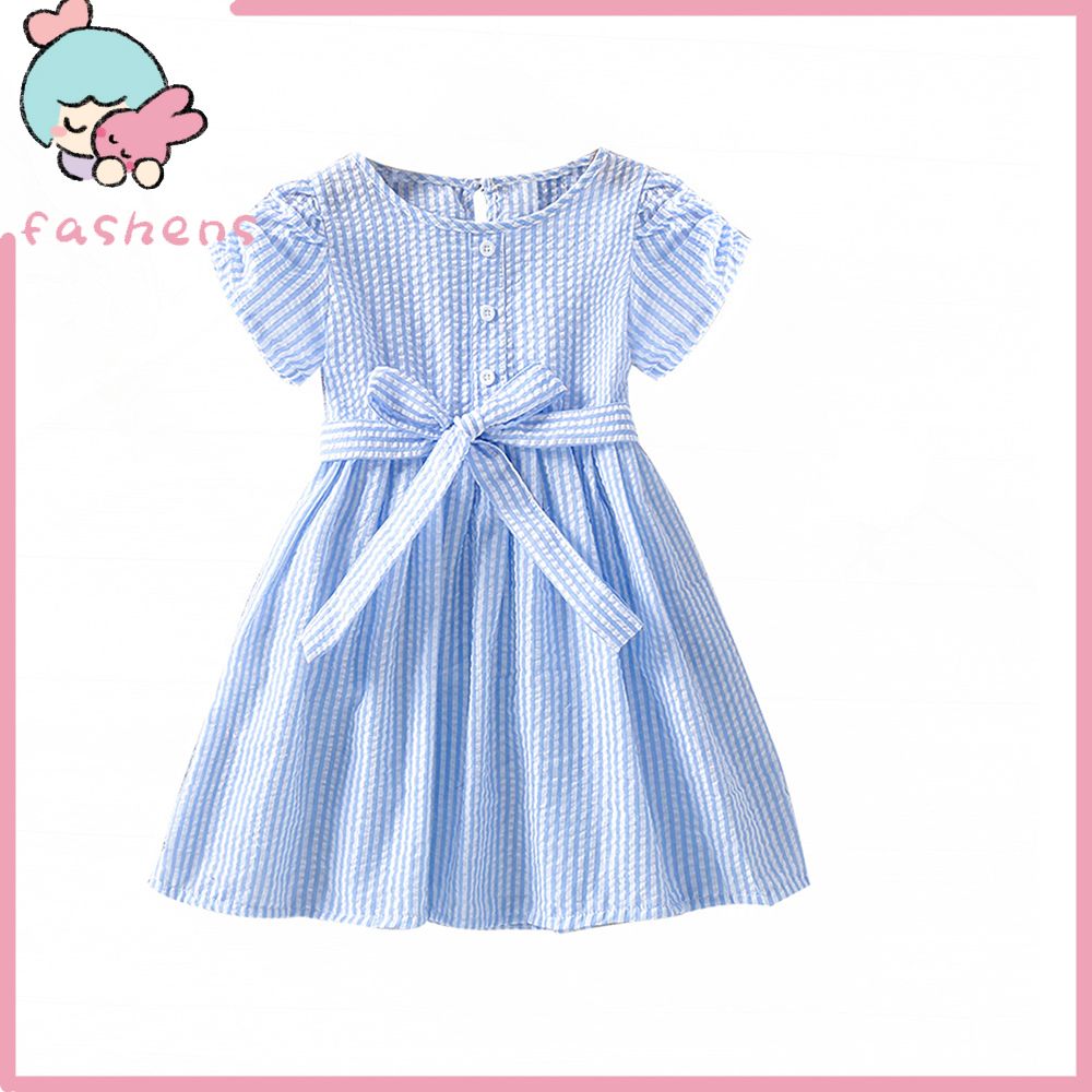 2-7 Years Old Girl Dress Vertical Stripes Loose Middle Length Girls Short Sleeve Dress for Going Out