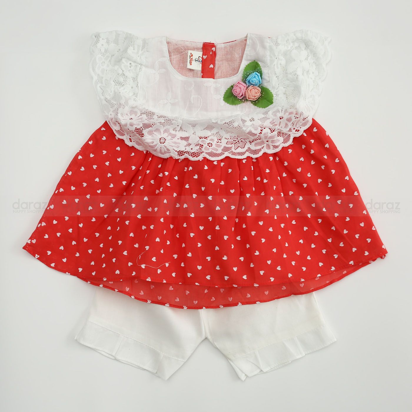Cotton baby nima frock with pants exclusive design & white lace -