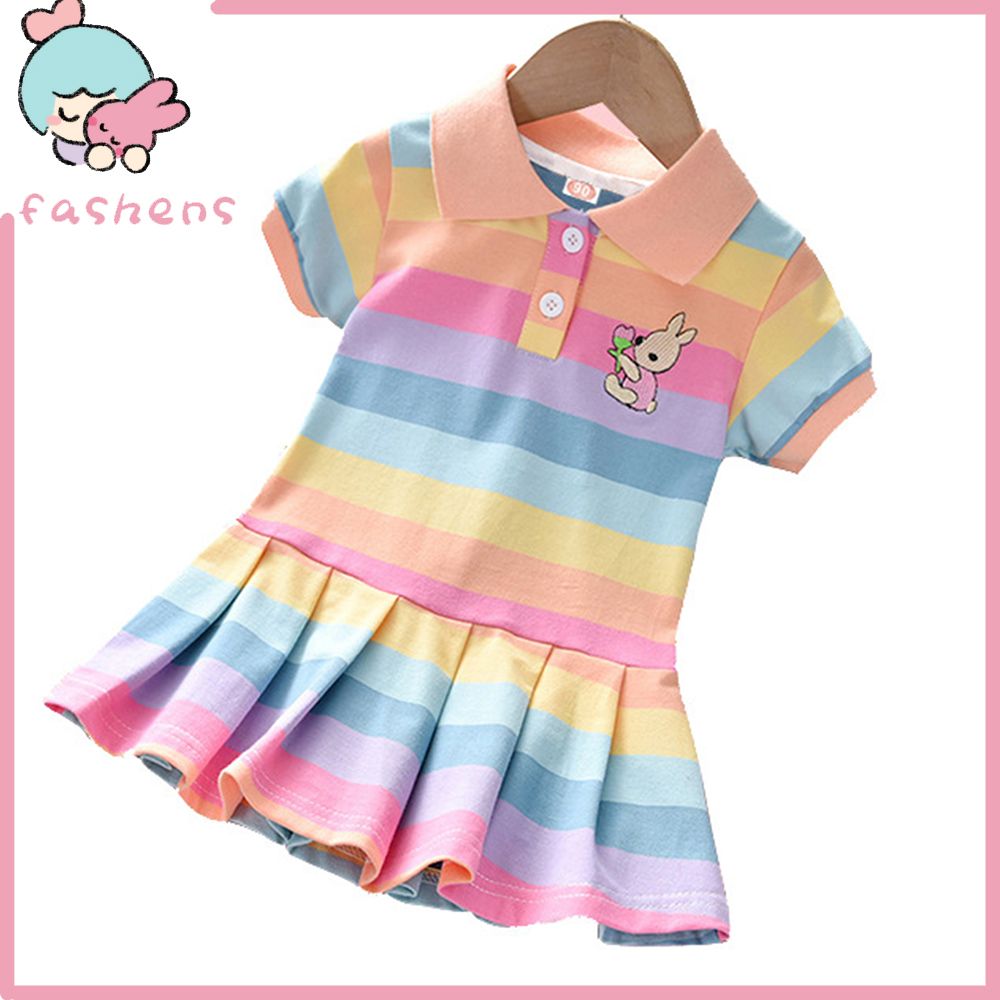 Dress Rainbow Stripe Pleated 2 Colors Girls Short Sleeve Loose Dress for Going Out