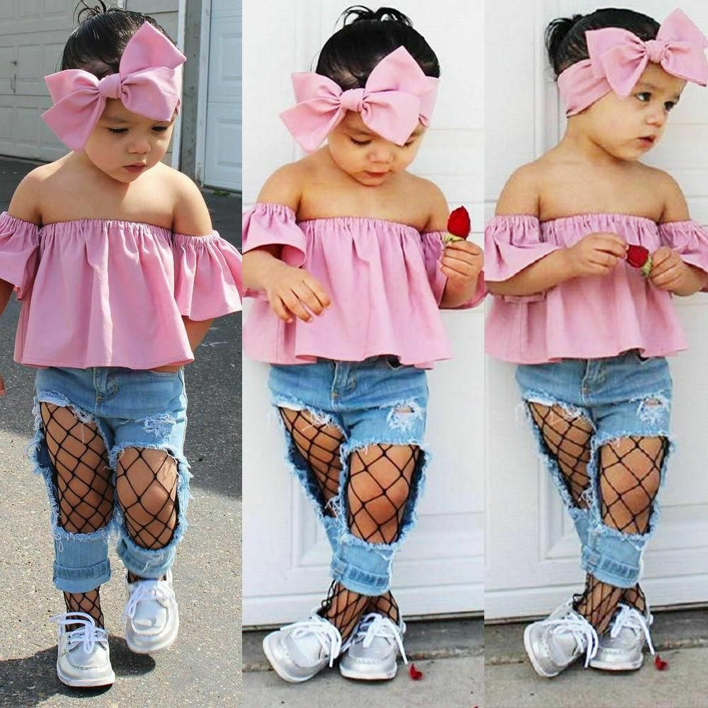 1-6T Girls Kids Off Shoulder Tops Ripped Hole Jeans Headband 3Pcs Outfits Sets